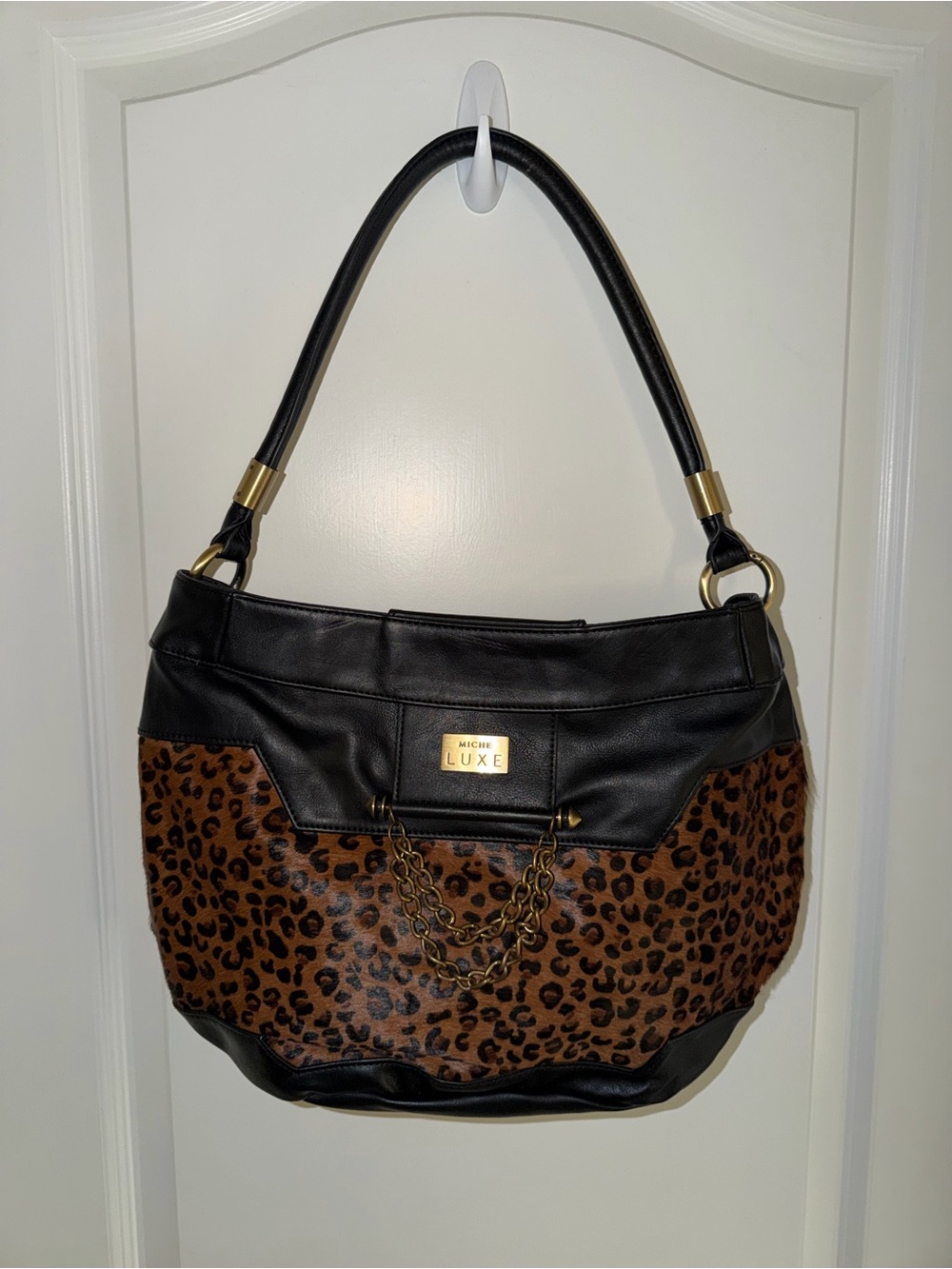 Miche Luxe Leopard Print Hobo Bag Black Faux Leather Animal Print Shoulder Purse